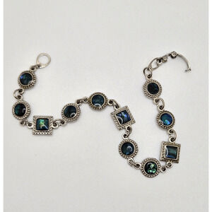 Vintage Bracelet Blue Green Stone Silvertone Geometric Coastal Classic Boho Twee